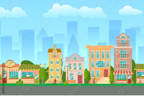 Fototapeta Naklejka Na Ścianę i Meble -  City street. Panoramic cityscape with bright houses, walking pedestrians. Shop and stores. Summer city. Vector illustration in cartoon style.