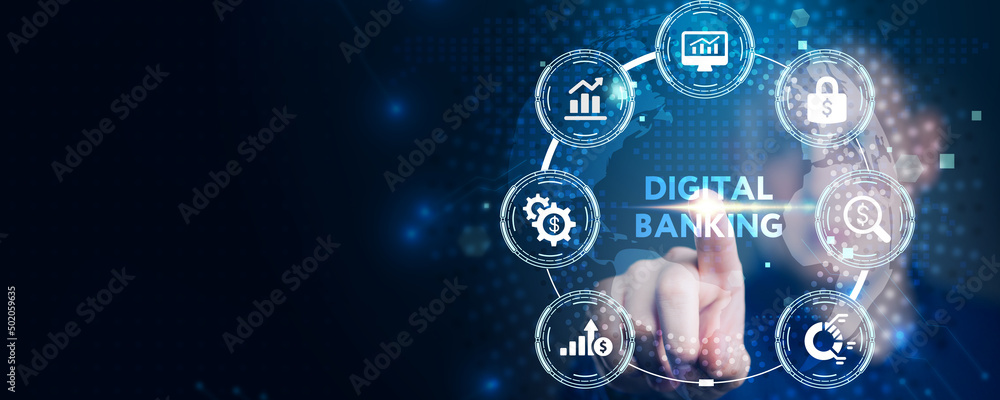 Fototapeta premium Business, technology, internet and networking concept. Young businessman working on his tablet in the office, select the icon digital banking on the virtual display.