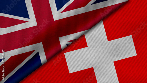 3D Rendering of two flags from United Kingdom or Britain andSwiss Confederation together with fabric texture, bilateral relations, peace and conflict between countries, great for background