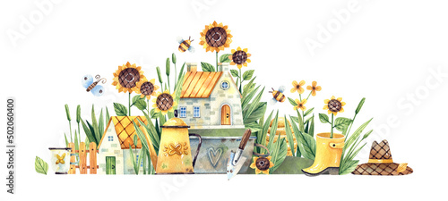 Watercolor illustration of a fantasy rural landscape with houses, sunflowers and rustic utensils. photo