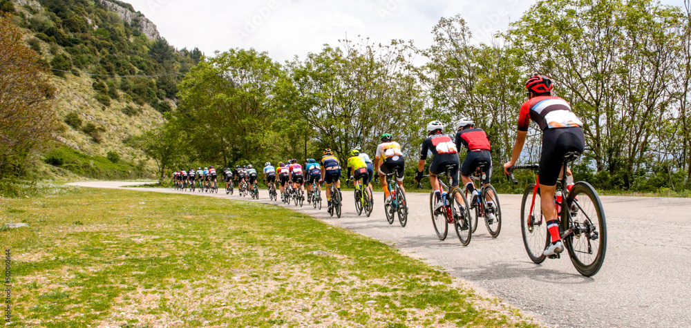 Fototapeta premium bikes bicyclist in international bike tour of greece in sping