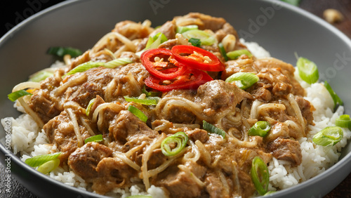 Thai style peanut pork with bean sprouts and rice. Asian food