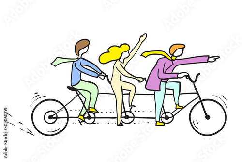 Illustration of business team rides a bicycle - concept teamwork in a hand drawn comic style