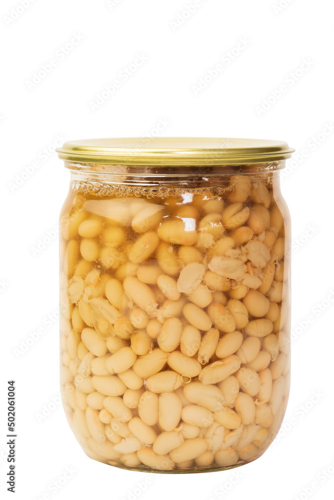 Canned beans in glass jar ready to use isolated on white background Canned beans in glass jar ready to use isolated on white background