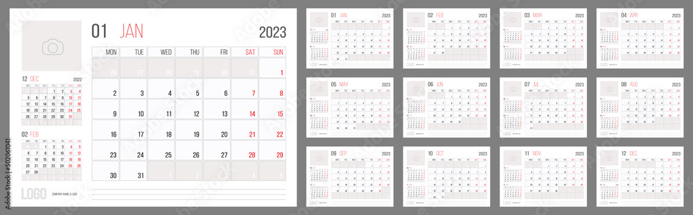 Calendar 2023 planner corporate template design set. Week starts on Monday. Calendar 2023 planner corporate template design set. Week starts on Monday.