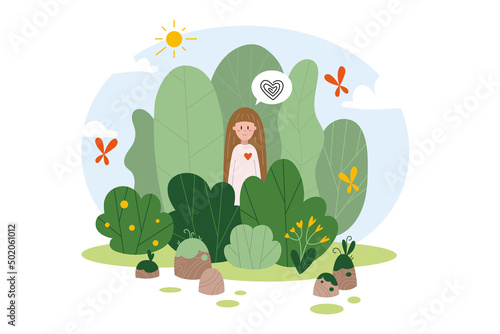 Nature scene forest and trees with girl, cartoon style. Mental health, wellness concept.