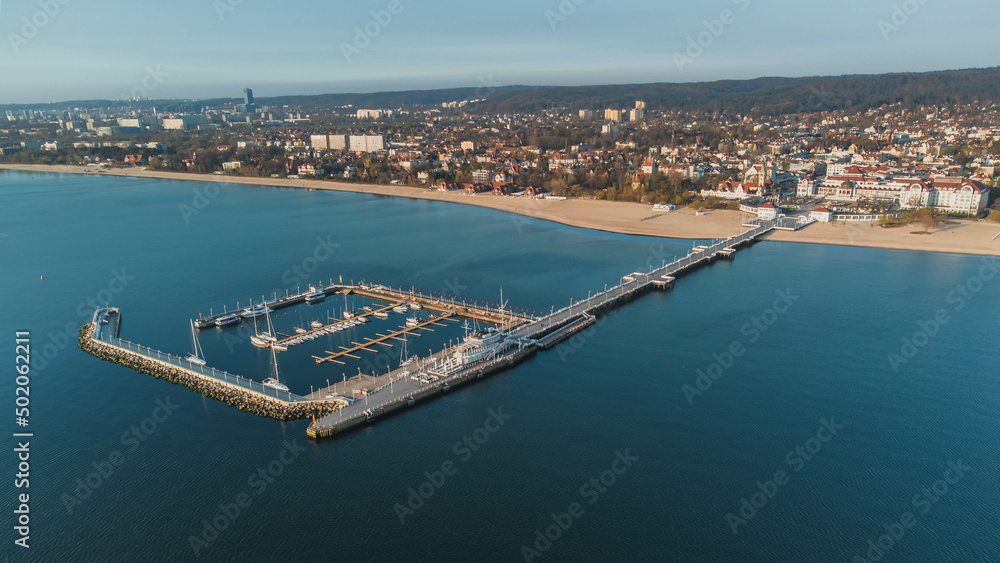 Morning view of the pier in Sopot from the Baltic Sea side. Poland. View from the drone.