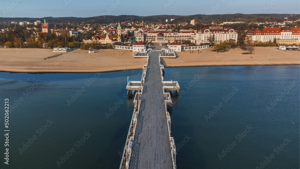 Morning view of the pier in Sopot from the Baltic Sea side. Poland. View from the drone.