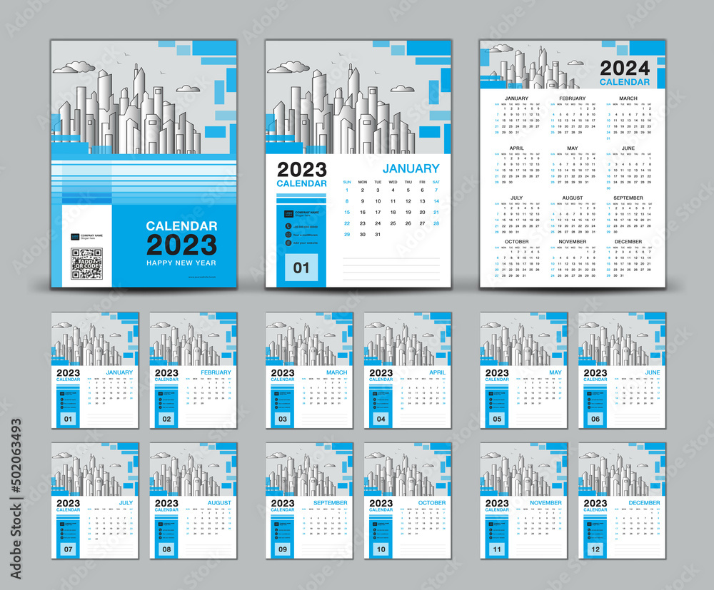 Calendar 2023 design set and blue cover calendar 2023 template, Week Calendar 2023 design set and blue cover calendar 2023 template, Week