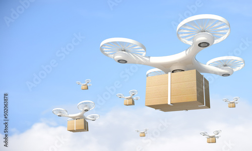 3d rendering, Parcel delivery service by drone. Delivery technology with multiple drones in the sky. Boxes are delivered via online shopping.