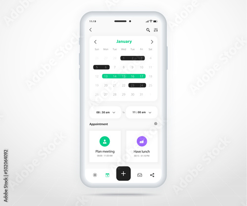 Mobile app calendar planner concept, Appointment calendar template UI UX, Smartphone calendar schedule agenda annual planning meeting application, Calendar events, Activity, Event app, Vector phone