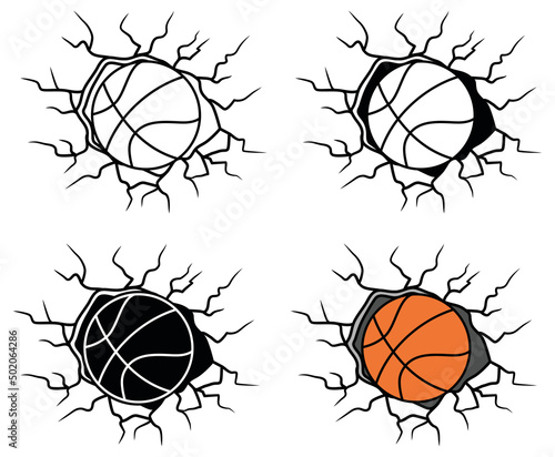 Basketball Breaking through a wall Clipart Set - Outline, Silhouette and Color	