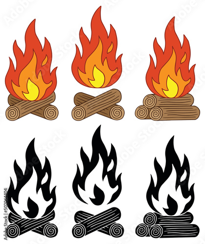 Campfire with Wood Logs clipart set - Color and Silhouette