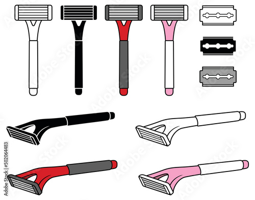 Disposable Razor and Razor Blade Clipart Set - Outline, Silhouette and Color