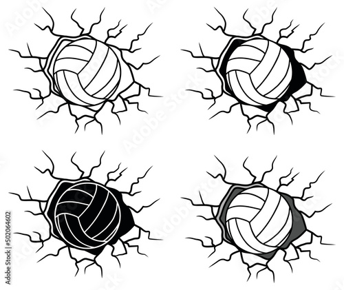 Volleyball breaking through a wall Clipart Set - Outline, Silhouette and Color	