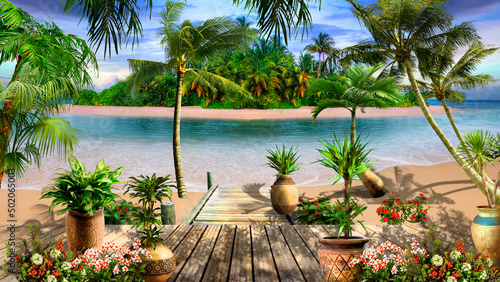 Fototapeta Naklejka Na Ścianę i Meble -  Sea, palm trees, ocean. Vacation on a tropical island, Photo Wallpapers.