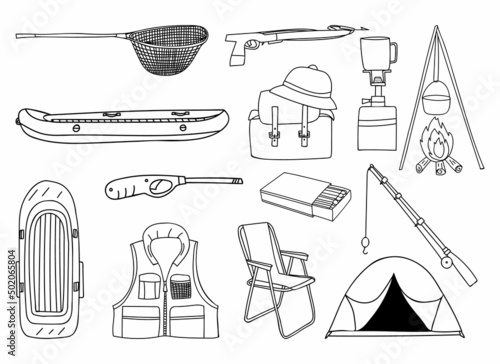 Hand drawn fishing icon collection. Fishing concept illustrations collection. Doodle fishing equipments icons set. Fisherman items collection