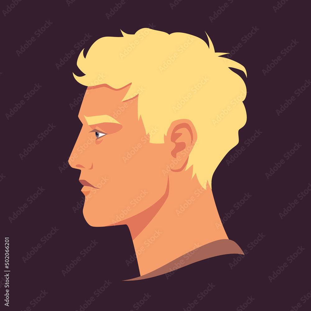 Head of man in profile. Portrait of blond man. Avatar of brutal man for social networks. Abstract male portrait, face side view. Stock vector illustration.