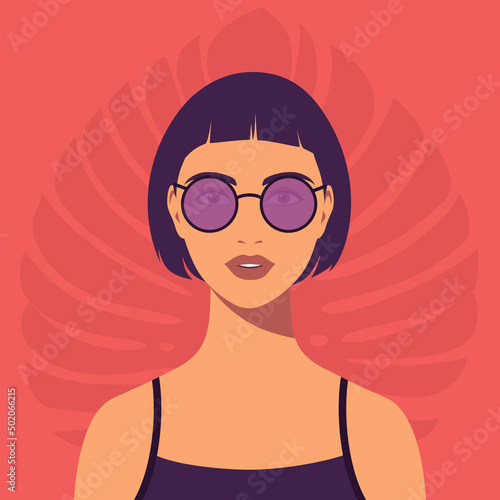Young woman with short hairstyles and sunglasses. Portrait of beautiful brunette. Avatar of girl for social networks. Abstract female portrait, full face. Stock vector illustration in flat style.