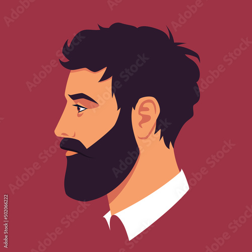 Head of bearded man in profile. Portrait of bearded brunet man. Avatar of businessman with beard for social networks. Abstract male portrait, face side view. Stock vector illustration in flat style.