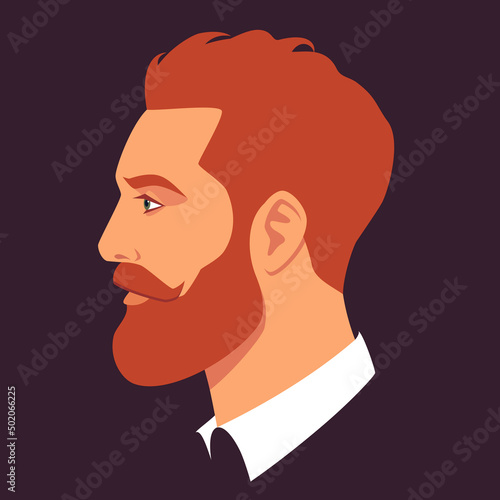 Head of bearded man in profile. Portrait of bearded redhead man. Avatar of businessman with beard for social networks. Abstract male portrait, face side view. Stock vector illustration in flat style.