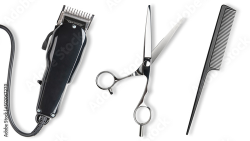 Hair clipper, Scissors, comb. Professional barber hair clipper and shears for Man haircut. Hairdresser salon equipment. Premium hairdressing Accessories. Top view flat lay isolated on white background photo