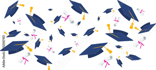 Graduation color background. University graduate cap with diploma.