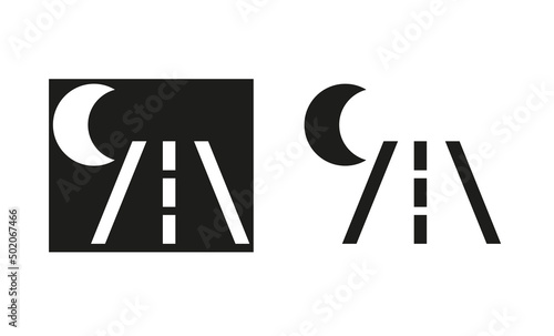 Car night drive icon. silhouette and linear original logo. Simple outline style sign symbol. Vector illustration isolated on white background. EPS 10.