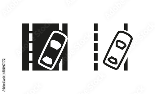 Car lane departure warning icon. silhouette and linear original logo. Simple outline style sign symbol. Vector illustration isolated on white background. EPS 10.