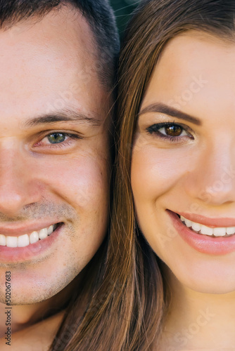 Close-up portrait of a beautiful couple. half of the face of a man and a woman