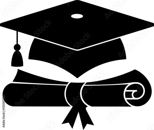 Graduation black logo. University graduate cap with diploma.