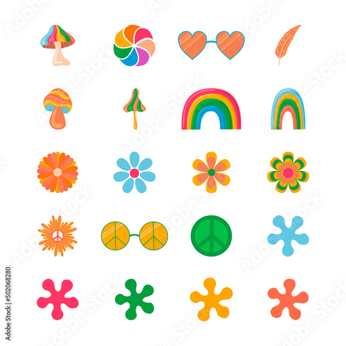 1970 hippie boho style elements vector isolated collection