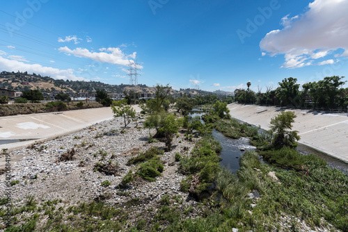 View of the Los Angeles River near the Elysian Valley, Glassell Park and Frogtown neighborhoods in Los Angeles, California. photo
