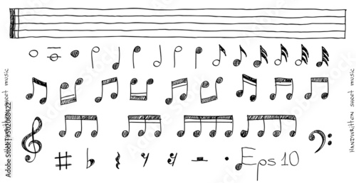 Musical note icons hand-drawn in sketchy style, music symbols and signs, set. Vector illustration