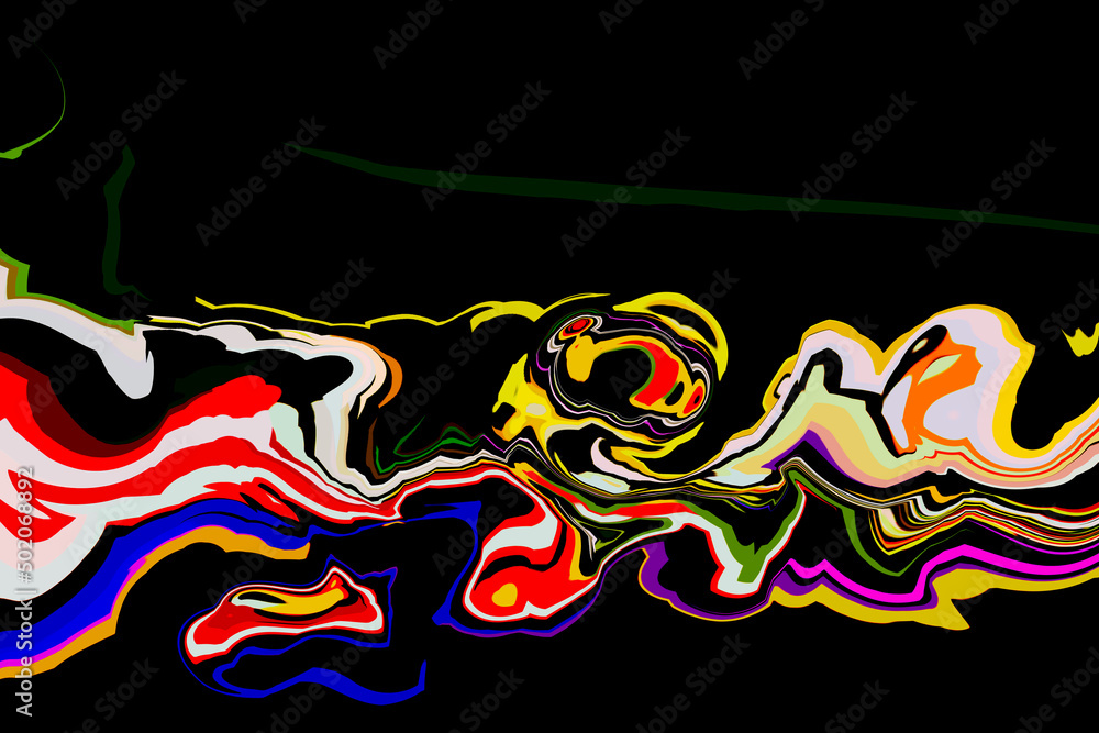 Obraz premium DRAMATIC FUN COLOURFUL DIGITAL FLOWING ARTWORK ON BLACK BACKGROUND 
