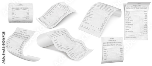 Receipt roll cash payment. Bills invoice for cash or credit card transaction. Isolated receipt template.