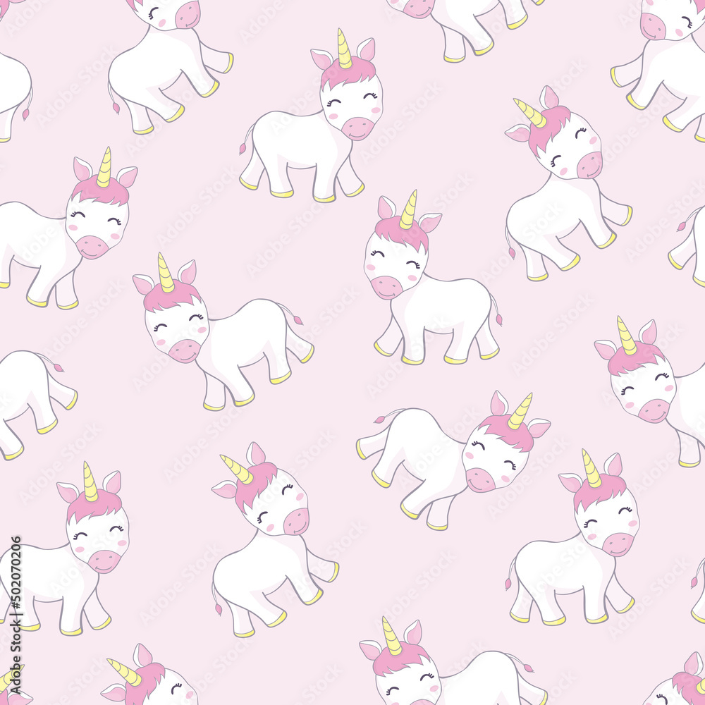 seamless pattern with cartoon unicorns, rainbows, clouds, decor elements on a neutral background. Colorful vector flat style for kids.