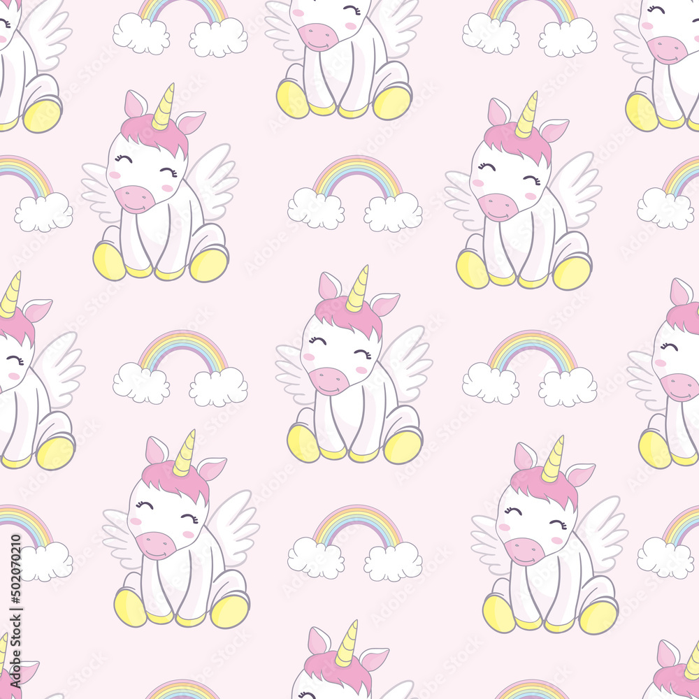 seamless pattern with cartoon unicorns, rainbows, clouds, decor elements on a neutral background. Colorful vector flat style for kids.