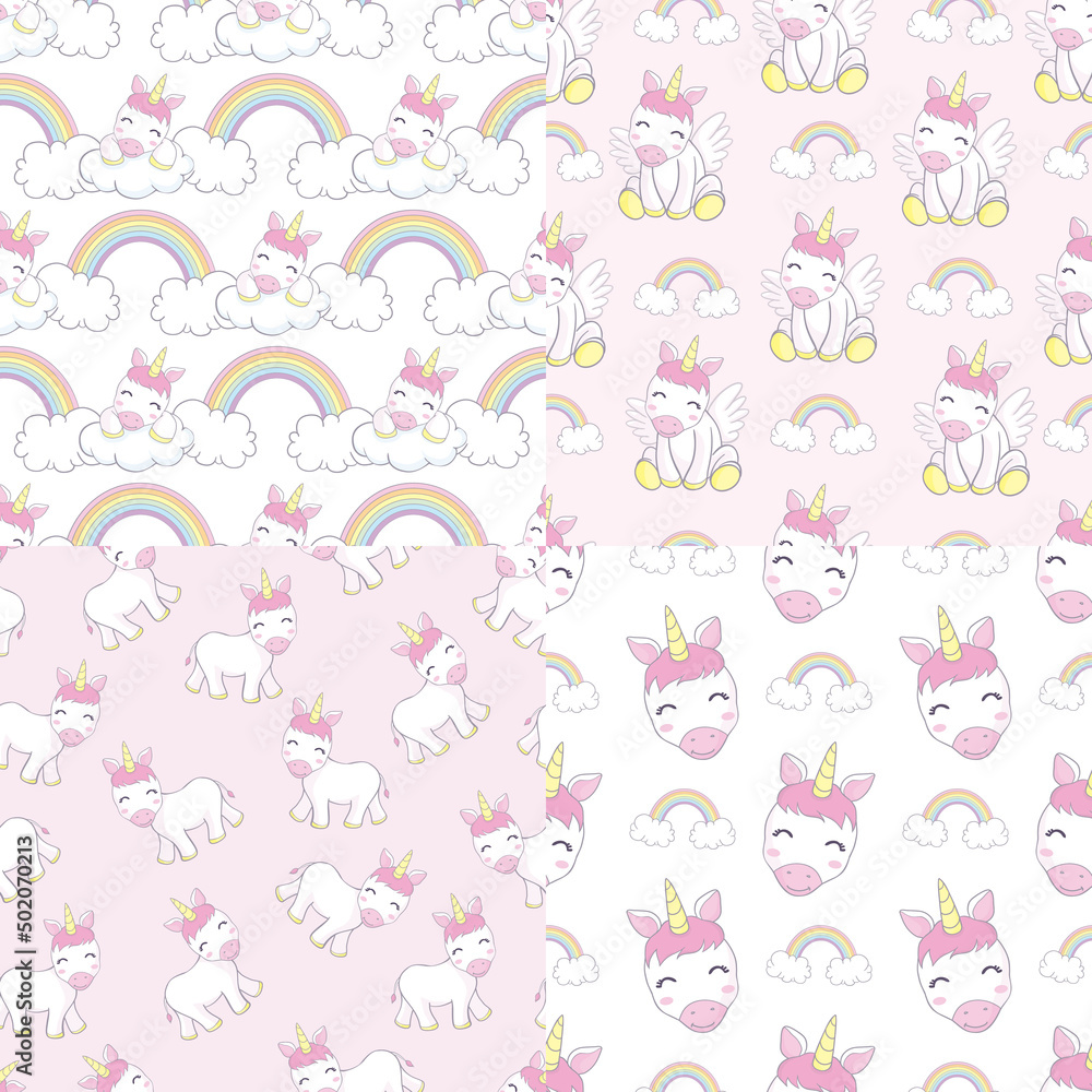 Seamless pattern unicorn fairy cartoon cute Pony Child jump in air with star and cloud: Series Fairytale Kawaii animals (Girly doodles). Perfect for Nursery kids,greeting card,baby shower girl,fabric.