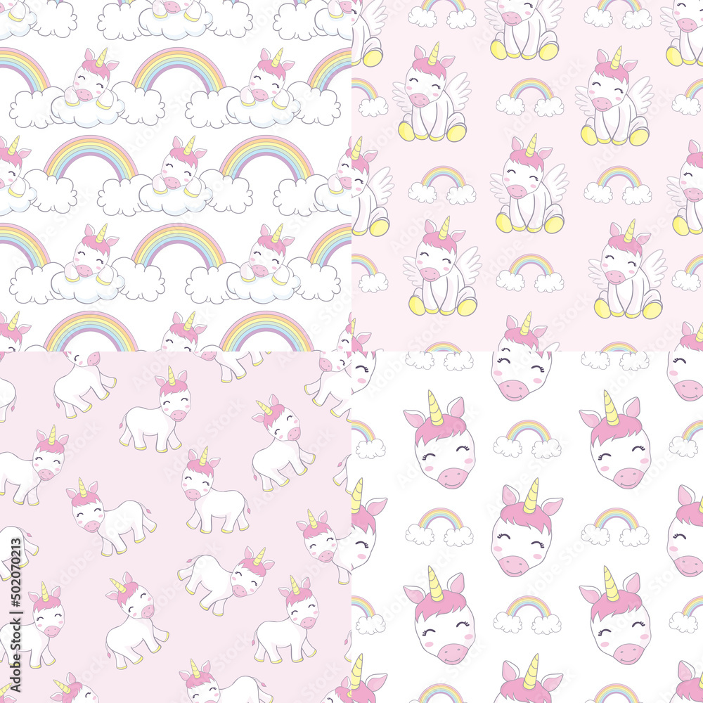 Seamless pattern unicorn fairy cartoon cute Pony Child jump in air with star and cloud: Series Fairytale Kawaii animals (Girly doodles). Perfect for Nursery kids,greeting card,baby shower girl,fabric. Seamless pattern unicorn fairy cartoon cute Pony Child jump in air with star and cloud: Series Fairytale Kawaii animals (Girly doodles). Perfect for Nursery kids,greeting card,baby shower girl,fabric.