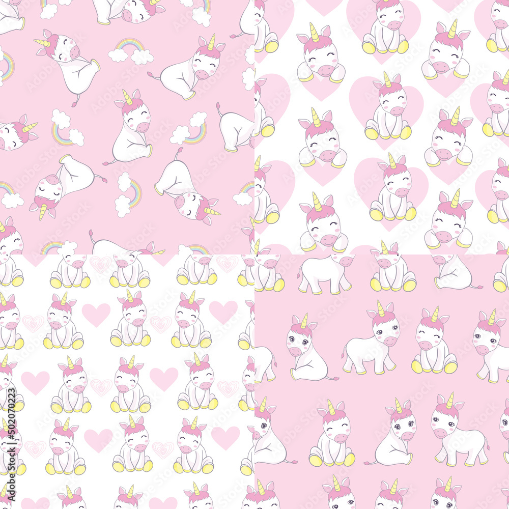 Seamless pattern unicorn fairy cartoon cute Pony Child jump in air with star and cloud: Series Fairytale Kawaii animals (Girly doodles). Perfect for Nursery kids,greeting card,baby shower girl,fabric.