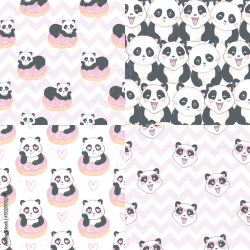 Set of greeting card and seamless pattern with hand drawn cute pandas and hearts for Valentine's Day, Mother's Day, Father's Day, birthday, wedding.