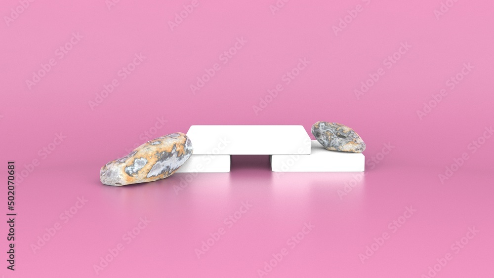 Minimal white cube podium with stone modern product display stand pink studio set rock 3d rendering Minimal white cube podium with stone modern product display stand pink studio set rock 3d rendering