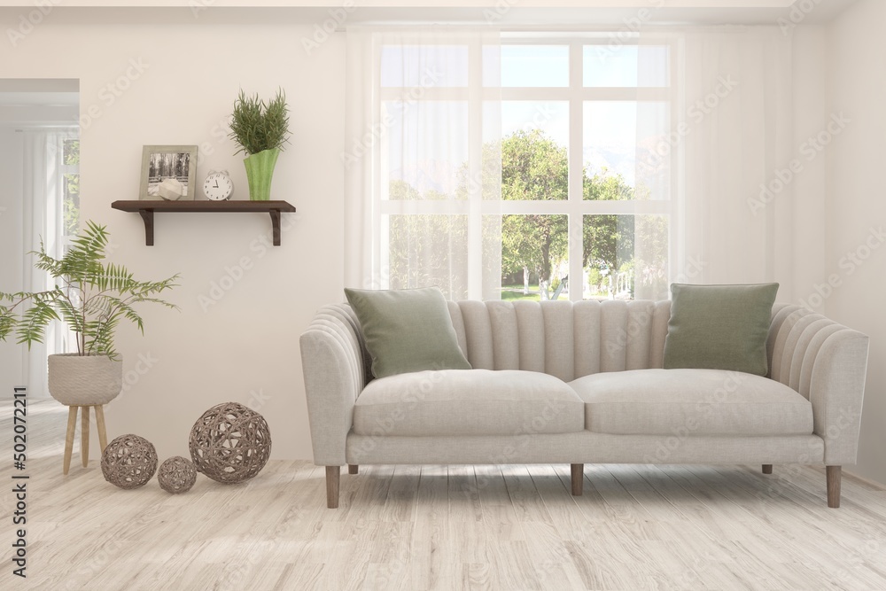 White living room with sofa and summer landscape in window. Scandinavian interior design. 3D illustration White living room with sofa and summer landscape in window. Scandinavian interior design. 3D illustration