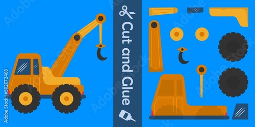 Crane truck. education paper game for children. cut and glue. vector illustration