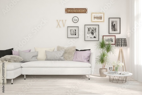 White living room with sofa. Scandinavian interior design. 3D illustration