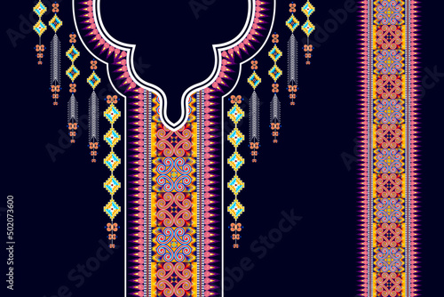 Geometric neckline embroidery. Ethnic oriental neck embroidery traditional floral design for women fabric fashion clothing. Necklace embroidery vector design. photo