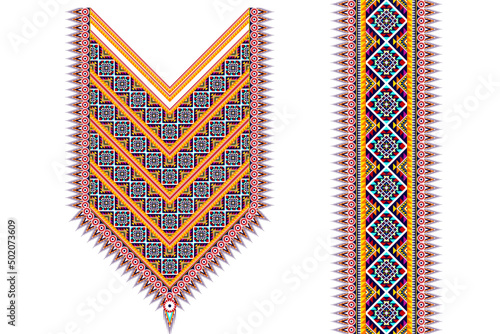 Geometric neckline embroidery. Ethnic oriental neck embroidery traditional floral design for women fabric fashion clothing. Necklace embroidery vector design.