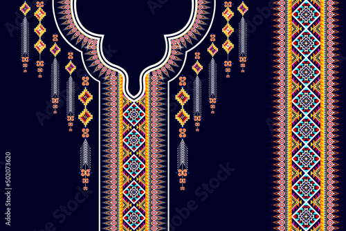 Geometric neckline embroidery. Ethnic oriental neck embroidery traditional floral design for women fabric fashion clothing. Necklace embroidery vector design.