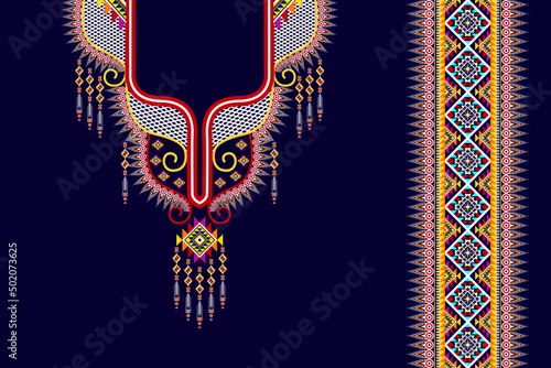 Geometric neckline embroidery. Ethnic oriental neck embroidery traditional floral design for women fabric fashion clothing. Necklace embroidery vector design.
